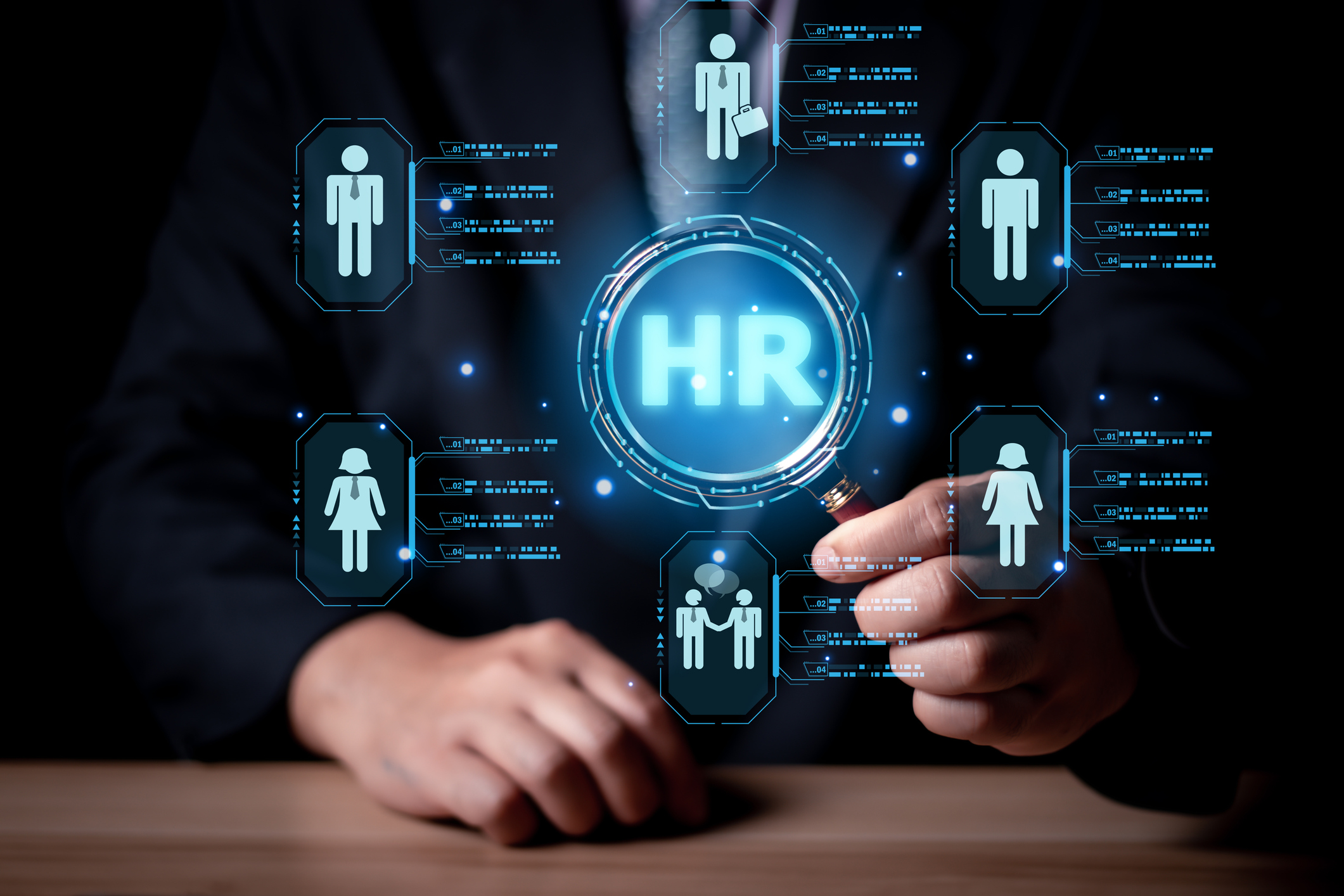 Businessman holding magnifier for searching to human icons for human development and recruitment concept. Human Resource Management HRM concept, Customer review satisfaction feedback survey concept.