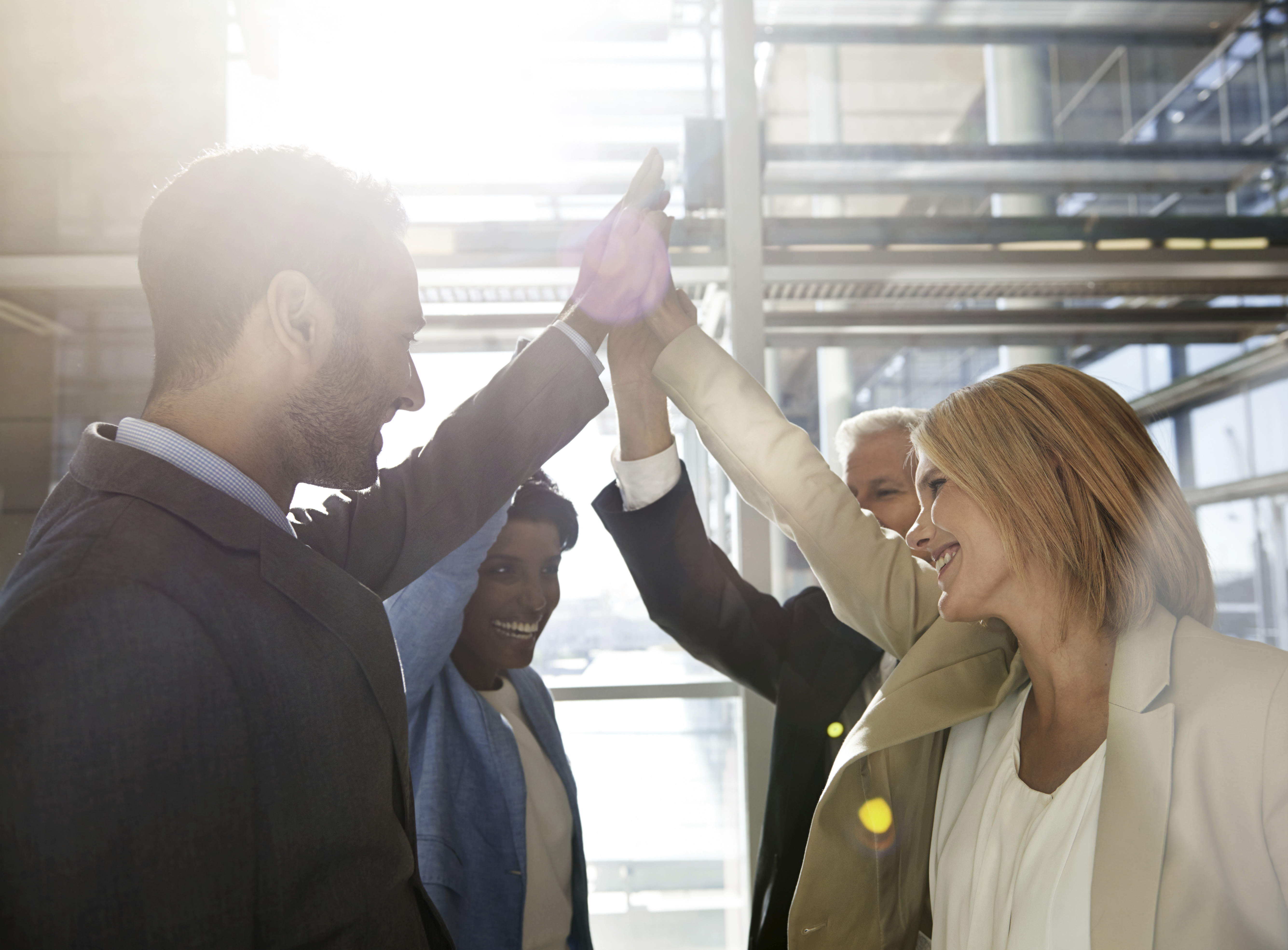 Cropped shot of a diverse group of business professionals giving each other a high-five