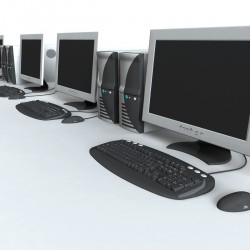 A series of computers in a lab. 3D rendering with raytraced textures and HDRI lighting.