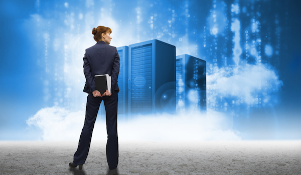 Businesswoman looking against cloud computing graphic with server