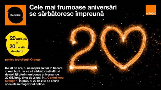 Orange sarbatoreste 20 de ani alaturi de clienti si rasplateste loialitatea cu 20 GB/luna, timp de 2 luni