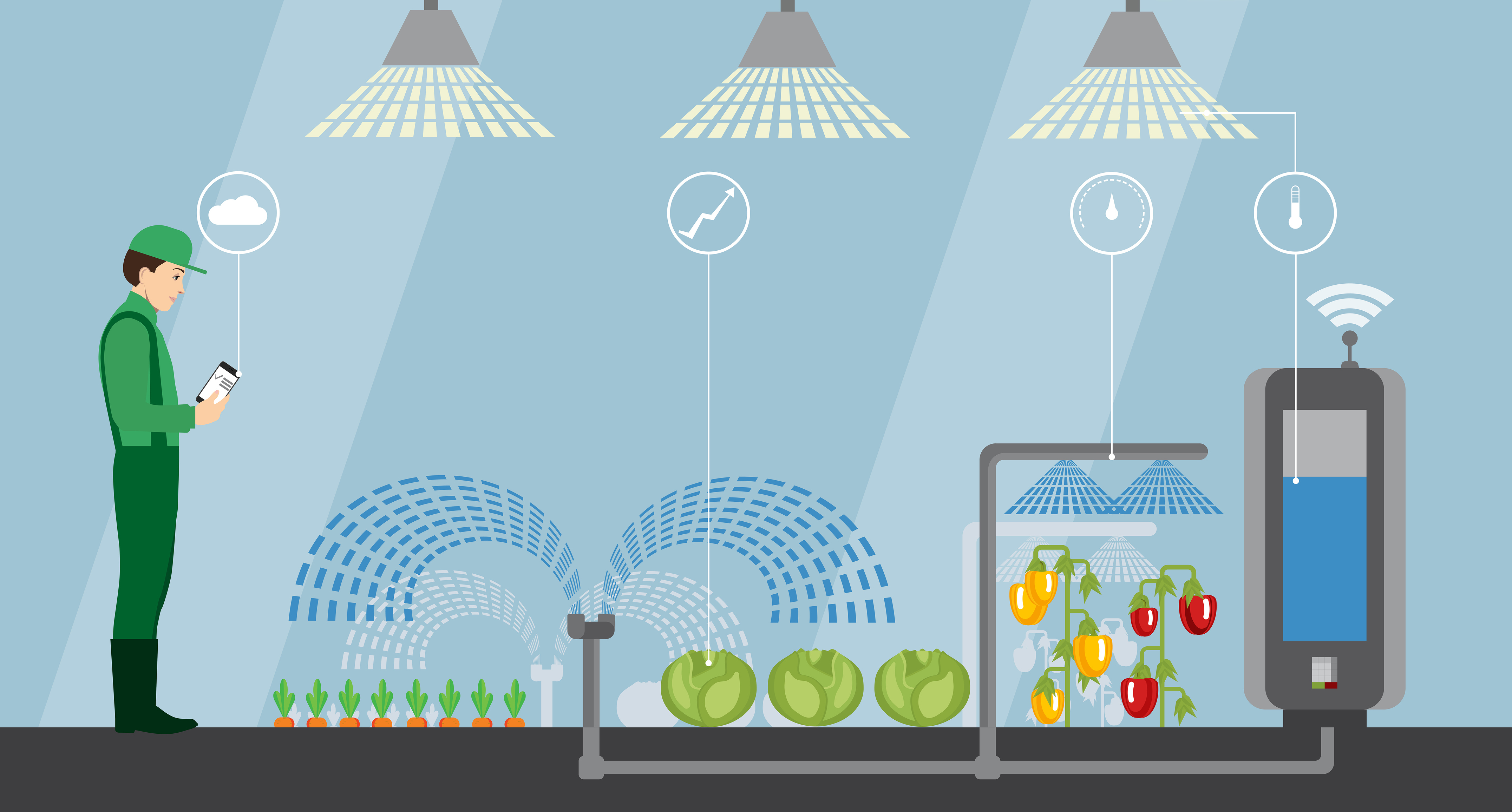 Internet of things in agriculture. Smart farm with wireless control. Vector illustration.