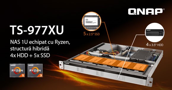 QNAP TS-977XU, primul NAS 1U cu structură hibridă, echipat cu procesoare AMD Ryzen