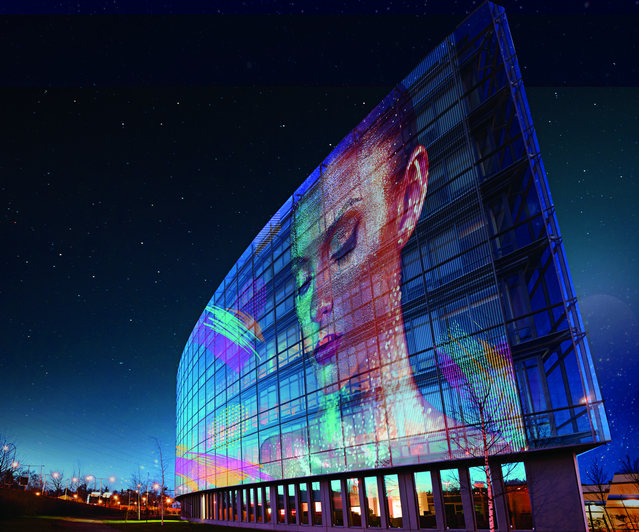 Modern building, blue sky and stars