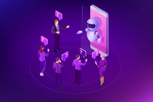 Isometric artificial intelligence. Chat bot and future marketing. AI and business IOT concept. Mans and women chatting with chatbot application. Dialog help service. Vector illustration.