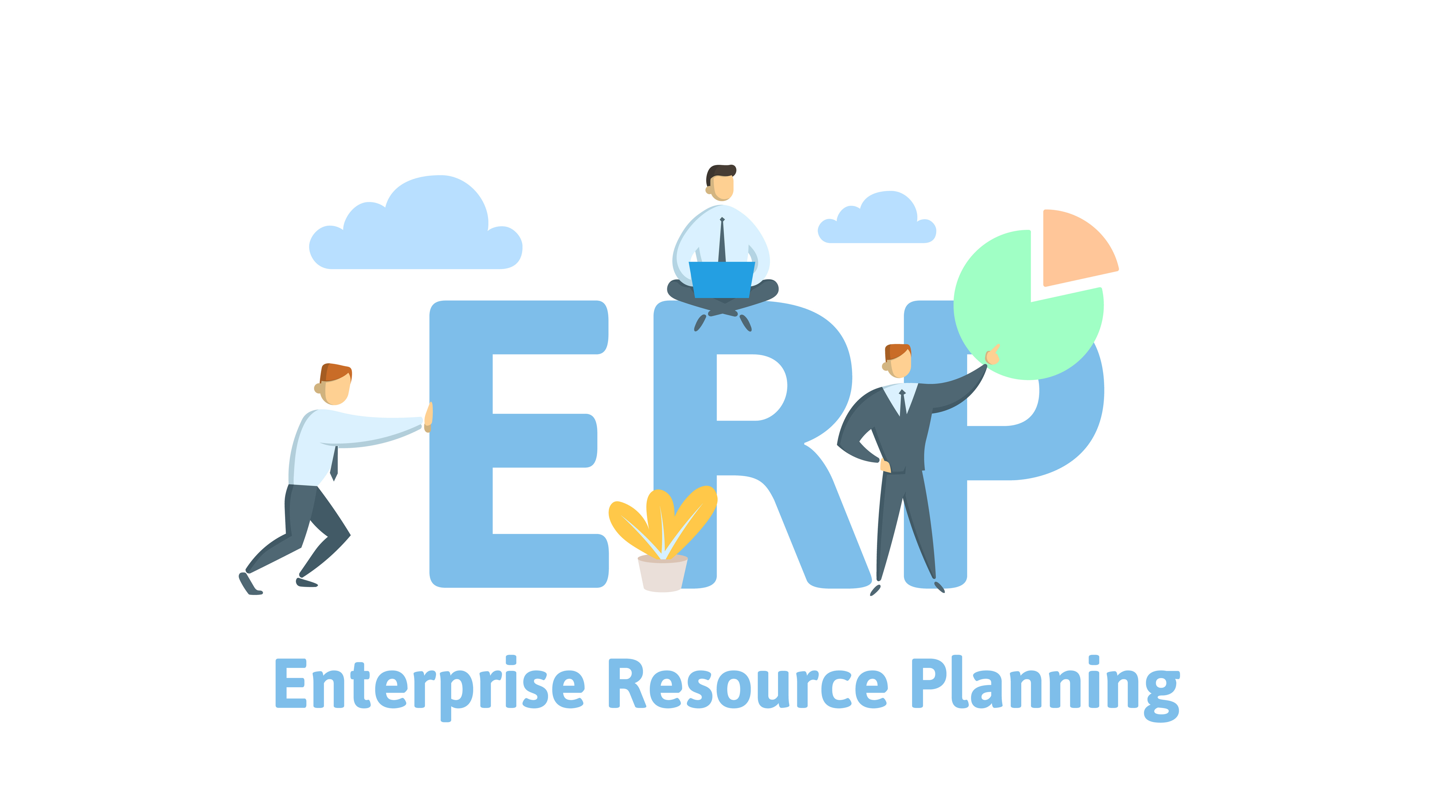 ERP, enterprise resource planning. Productivity and improvement. Concept table with people, letters and icons. Flat vector illustration on white background.