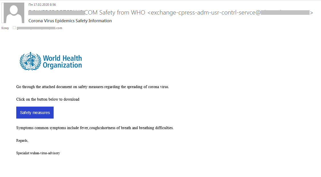 Un așa-zis email de la OMS, care conduce către un site web de phishing și adună datele personale ale victimelor