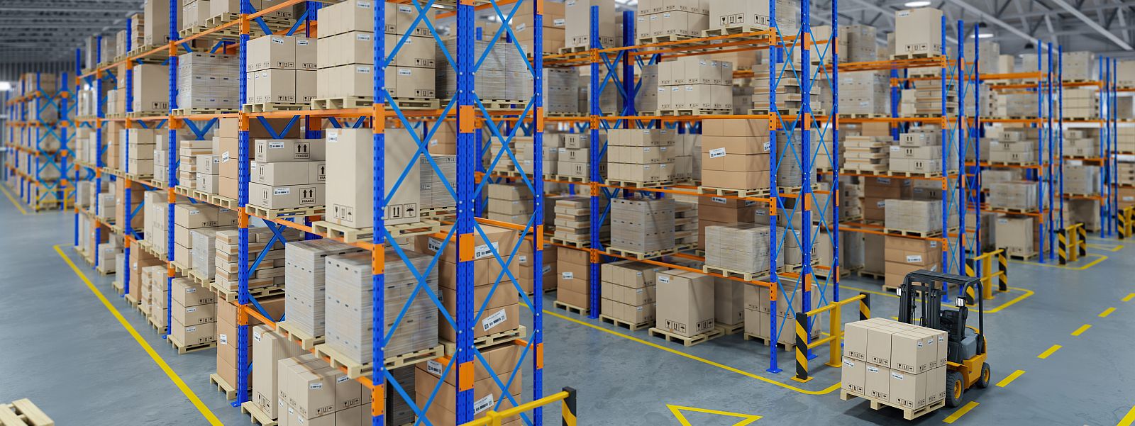 Forklift truck in warehouse or storage and shelves with cardboar