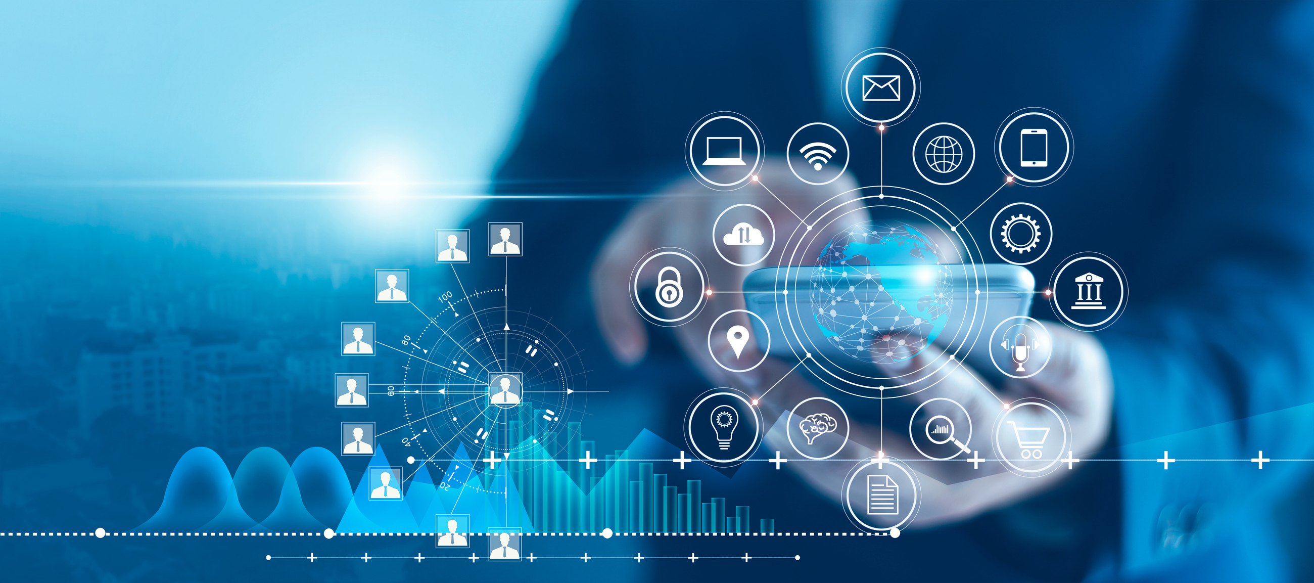 Businessman using mobile smartphone and icon network connection data with growth graph customer, digital marketing, banking and payment online, analysis and planning of business.