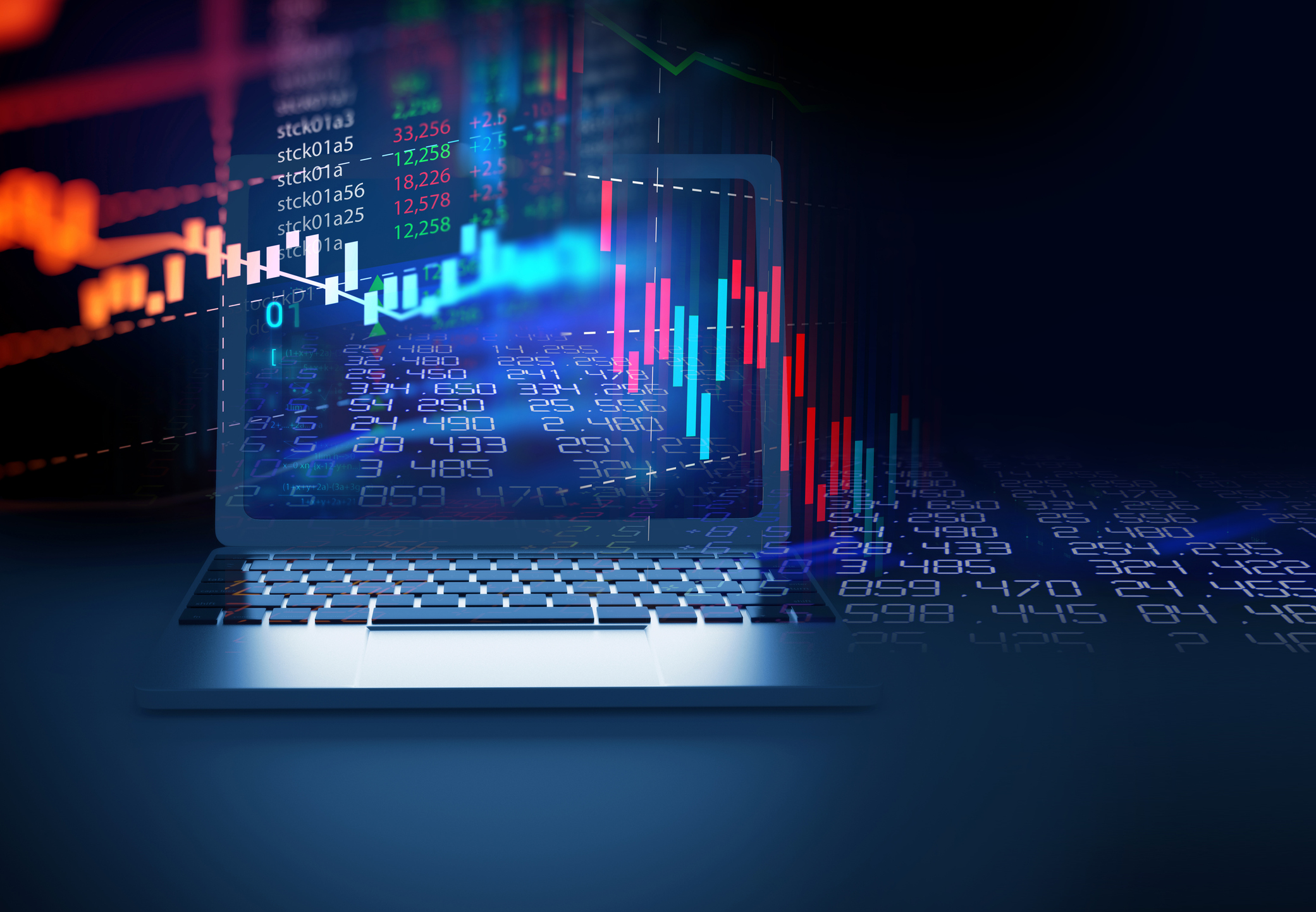 financial stock market graph on laptop screen 3d illustration