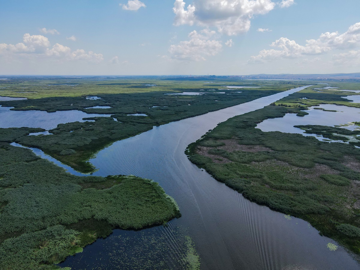 Danube Delta in Somova village, Dobrogea region, Romania. Aerial view.