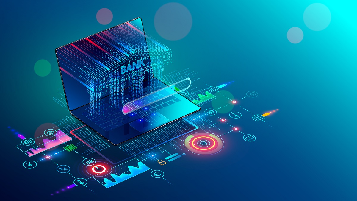 Online Internet banking 3d isometric banner. A Bank building with columns consisting of a digits matrix is shown on a laptop screen. Financial services available through the website on mobile devices.