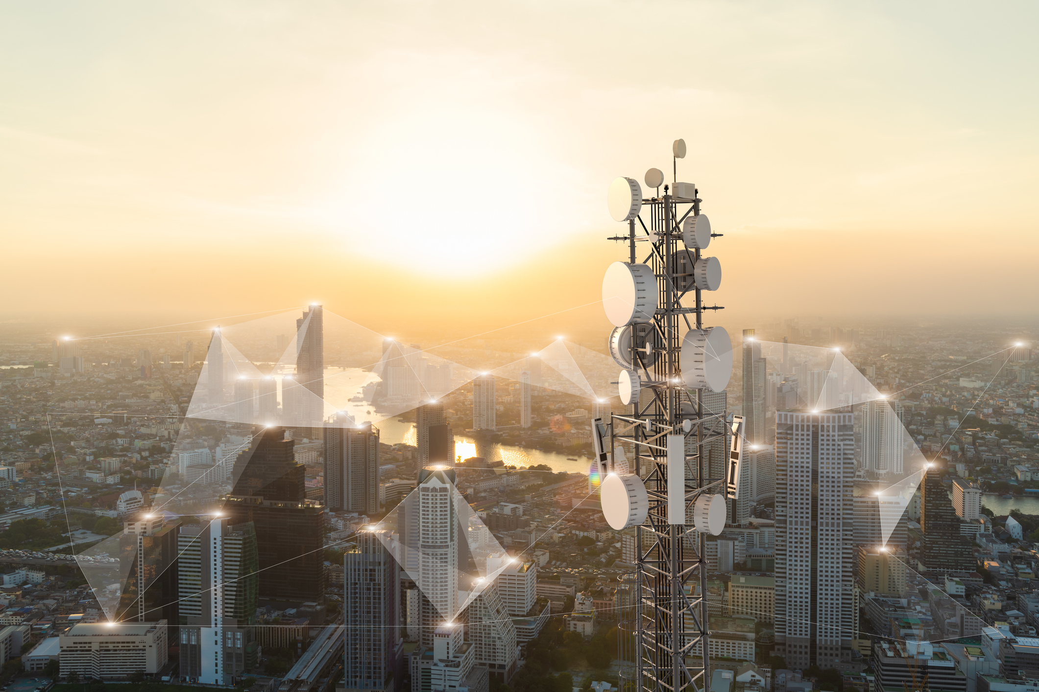 Telecommunication tower with 5G cellular network antenna on city background