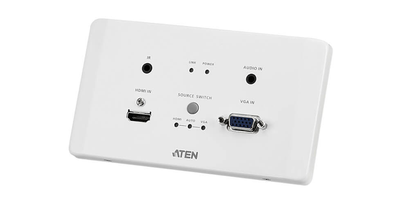 ATEN HDMI & VGA HDBaseT Transmitter with EU Wall Plate / PoH (4K@100m) (HDBaseT Class A) (VE2812AEUT) este o soluție cu montare pe perete pentru transmiterea semnalelor VGA (cu conținut audio) și HDMI pe distanțe de până la 100m, prin intermediul unui singur cablu Cat 5e/6/6a.