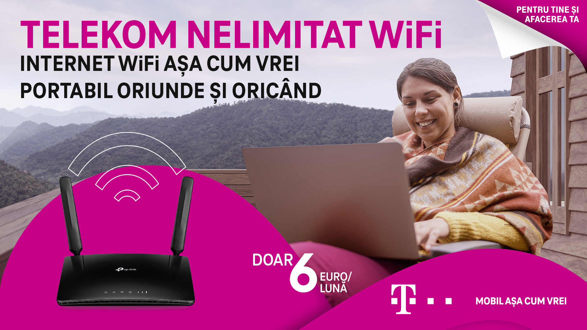 Nelimitat WiFi de la Telekom Mobile este cea mai simplă soluție de internet portabil pentru acasă sau la birou, la doar șase euro pe lună