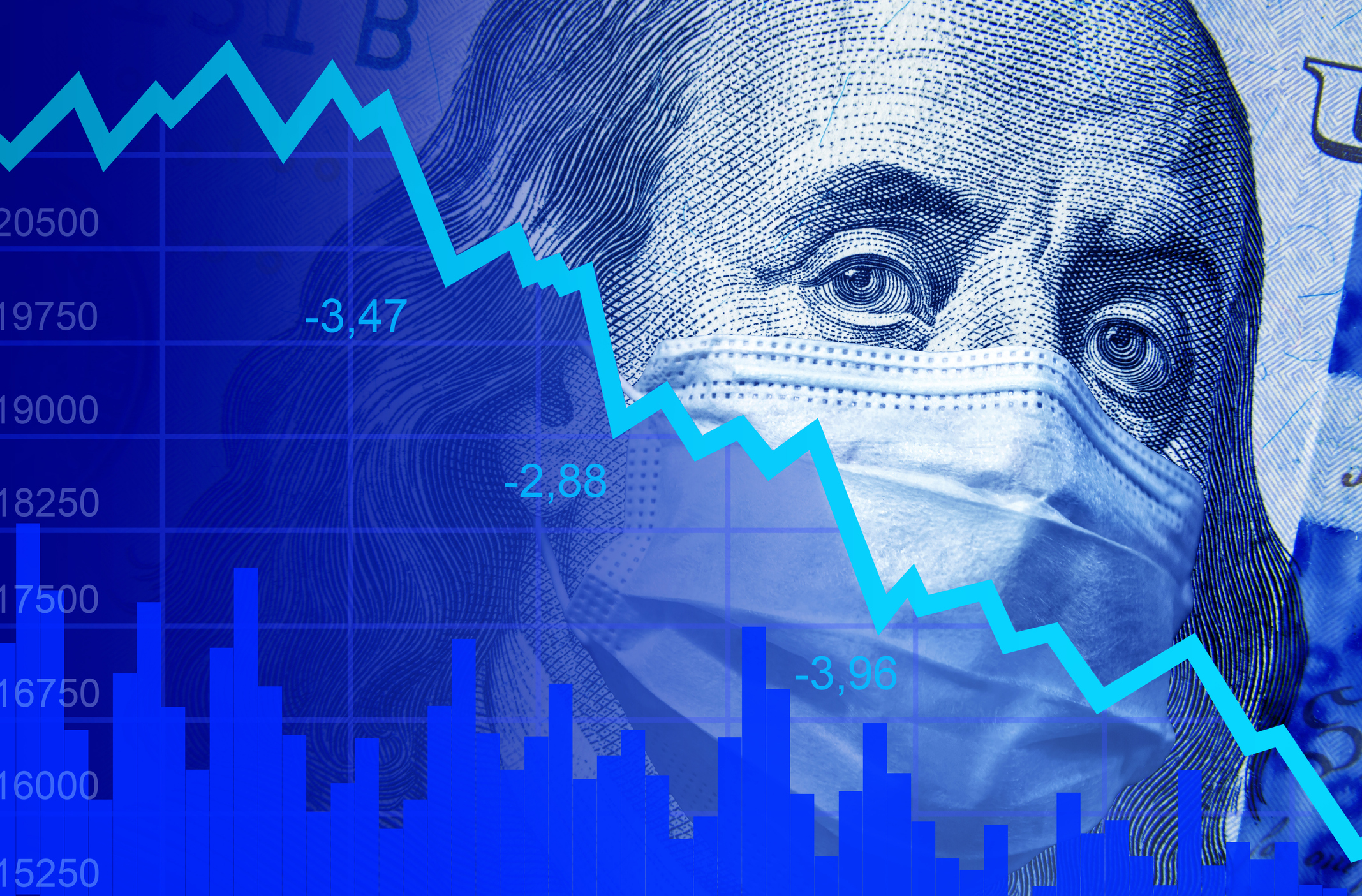 COVID-19 impacts to business, dollar money and graph of stock market crash during coronavirus pandemic. World economy hits by novel corona virus.