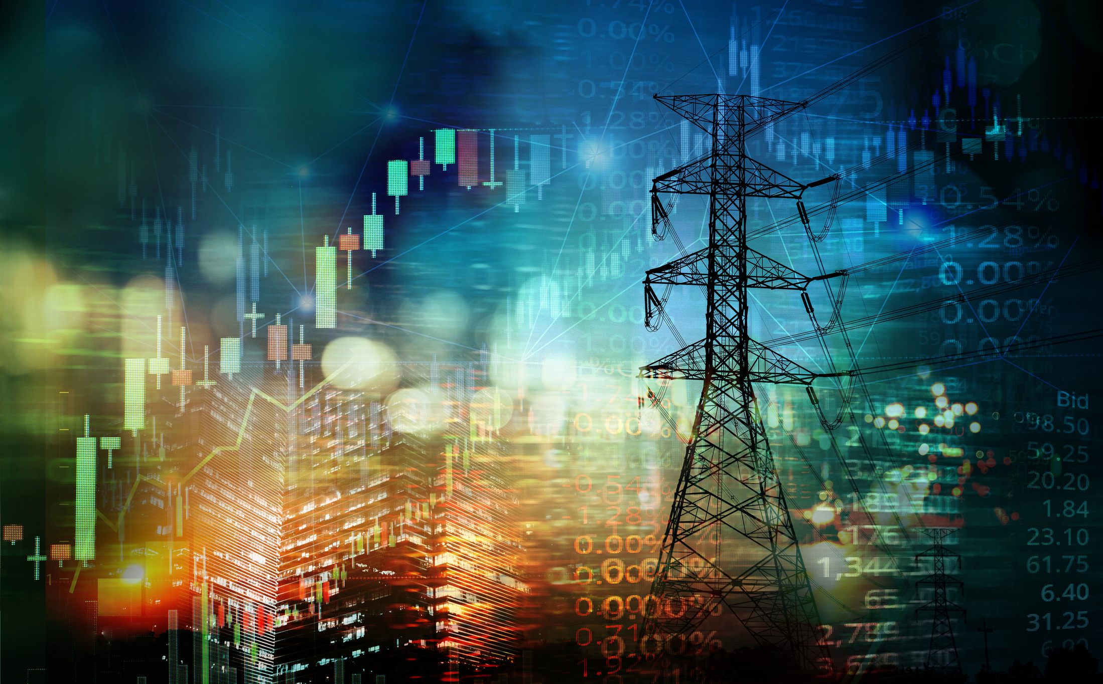 market stock graph and information with city light and electricity and energy facility industry and business background