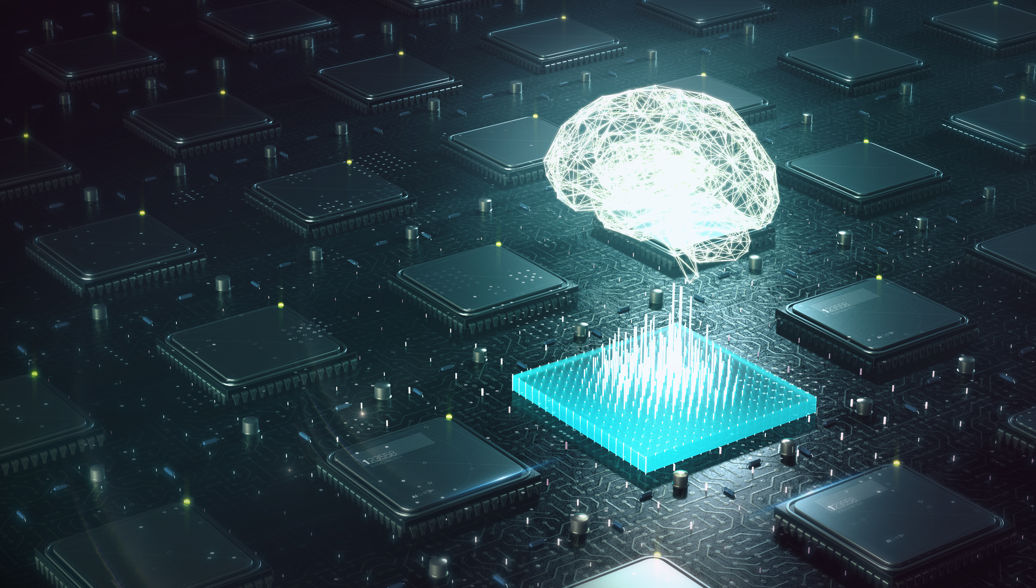 Machine learning , artificial intelligence , ai, deep learning blockchain neural network concept. Brain made with shining wireframe above multiple blockchain cpu on circuit board 3d render.