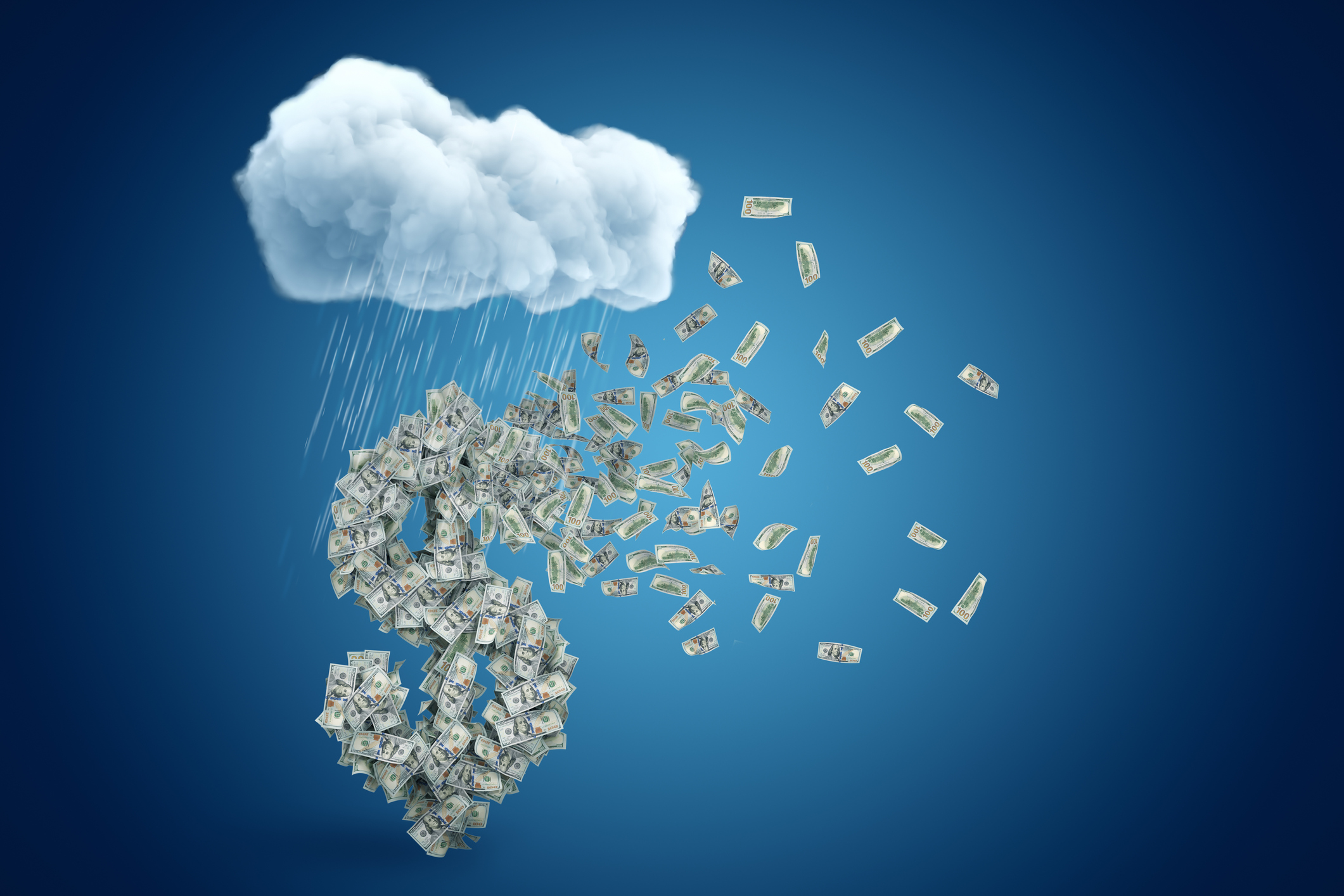 3d rendering of big dollar symbol formed with lots of banknotes that have already started to fly away, under raining cloud on blue gradient background.