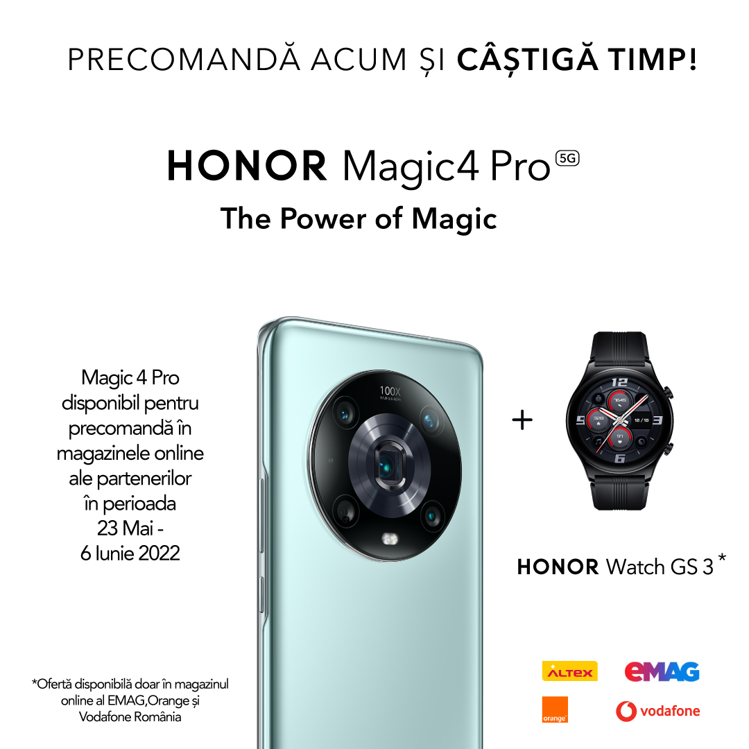 HONOR Magic4 Pro, disponibil la precomandă, cu smartwatch-ul HONOR Watch GS 3 inclus