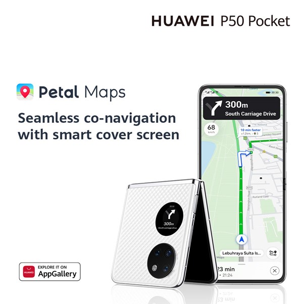 Petal Maps debutează pe ecranul exterior al noului HUAWEI P50 Pocket