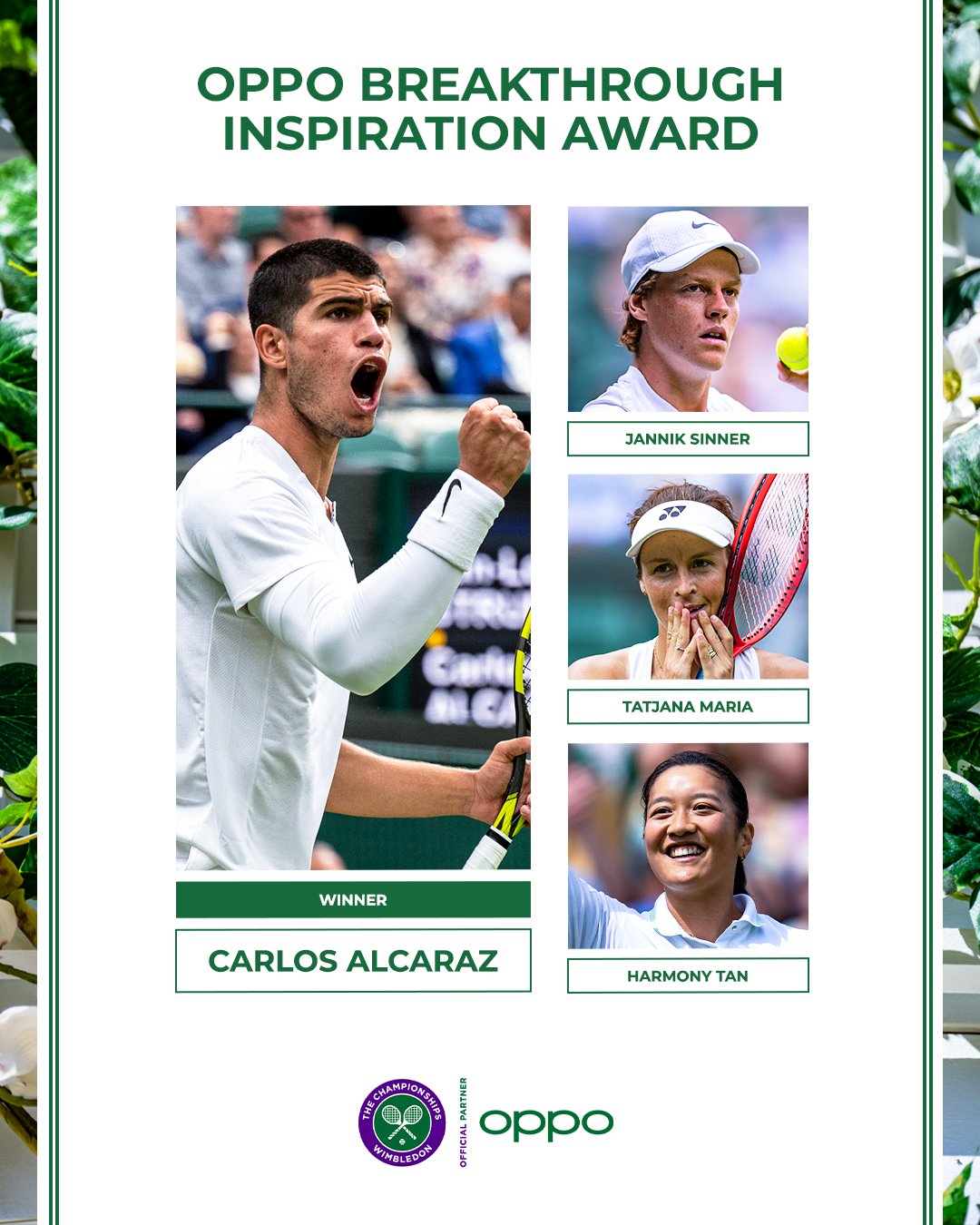 Carlos Alcaraz câștigă OPPO Breakthrough Inspiration Award la Wimbledon 2022