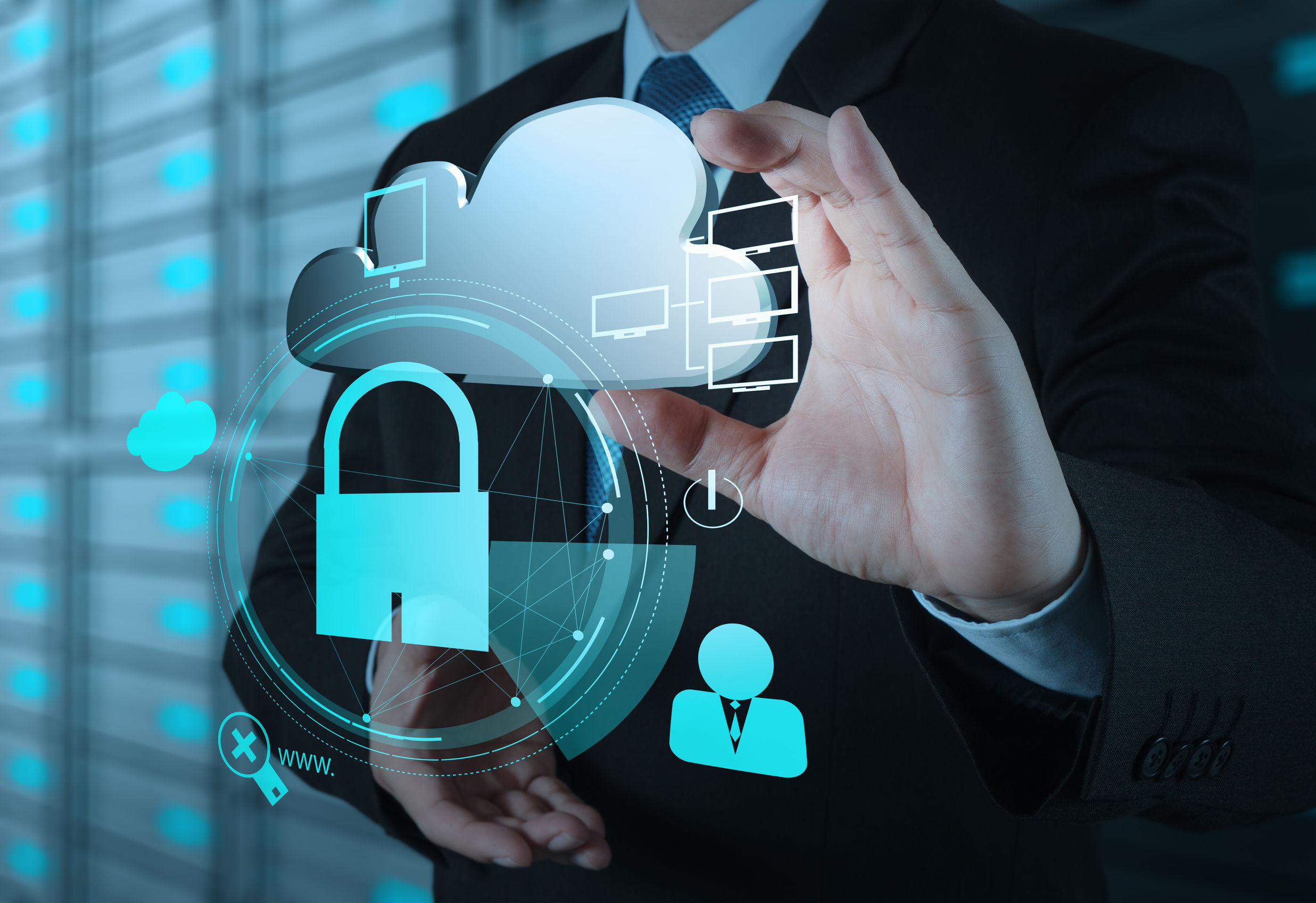 businessman hand show 3d cloud icon with padlock as Internet sec