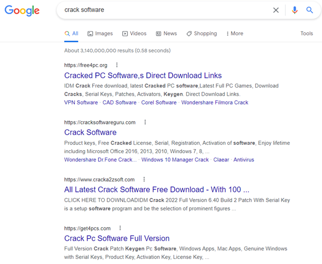 Principalele rezultate de căutare ale Google pentru „software crack” conțin site-uri web rău intenționate care furnizează NullMixer