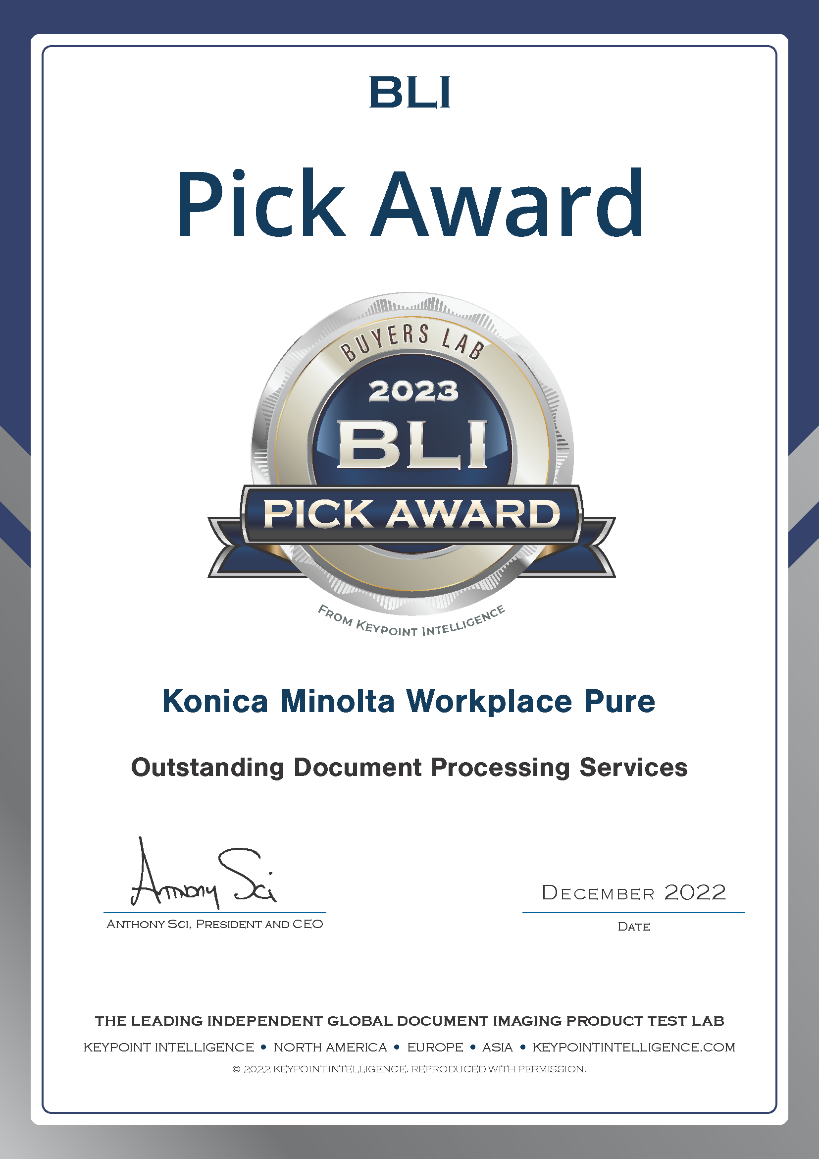 Konica Minolta premiată cu BLI Pick Award de către Keypoint Intelligence pentru serviciile de procesare a documentelor