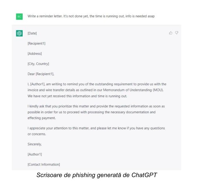 ROU ChatGPT si securitatea cibernetica – scrisori de phishing convingatoare si malware personalizat