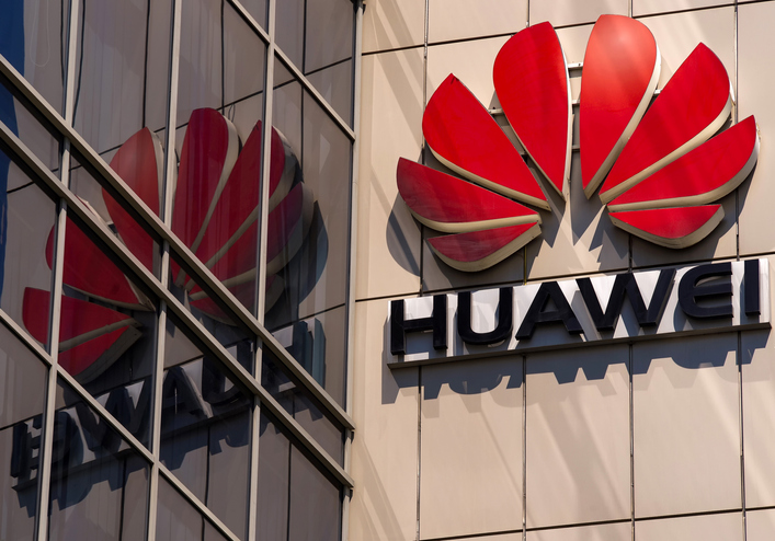 Huawei logo, in Bucharest, Romania.