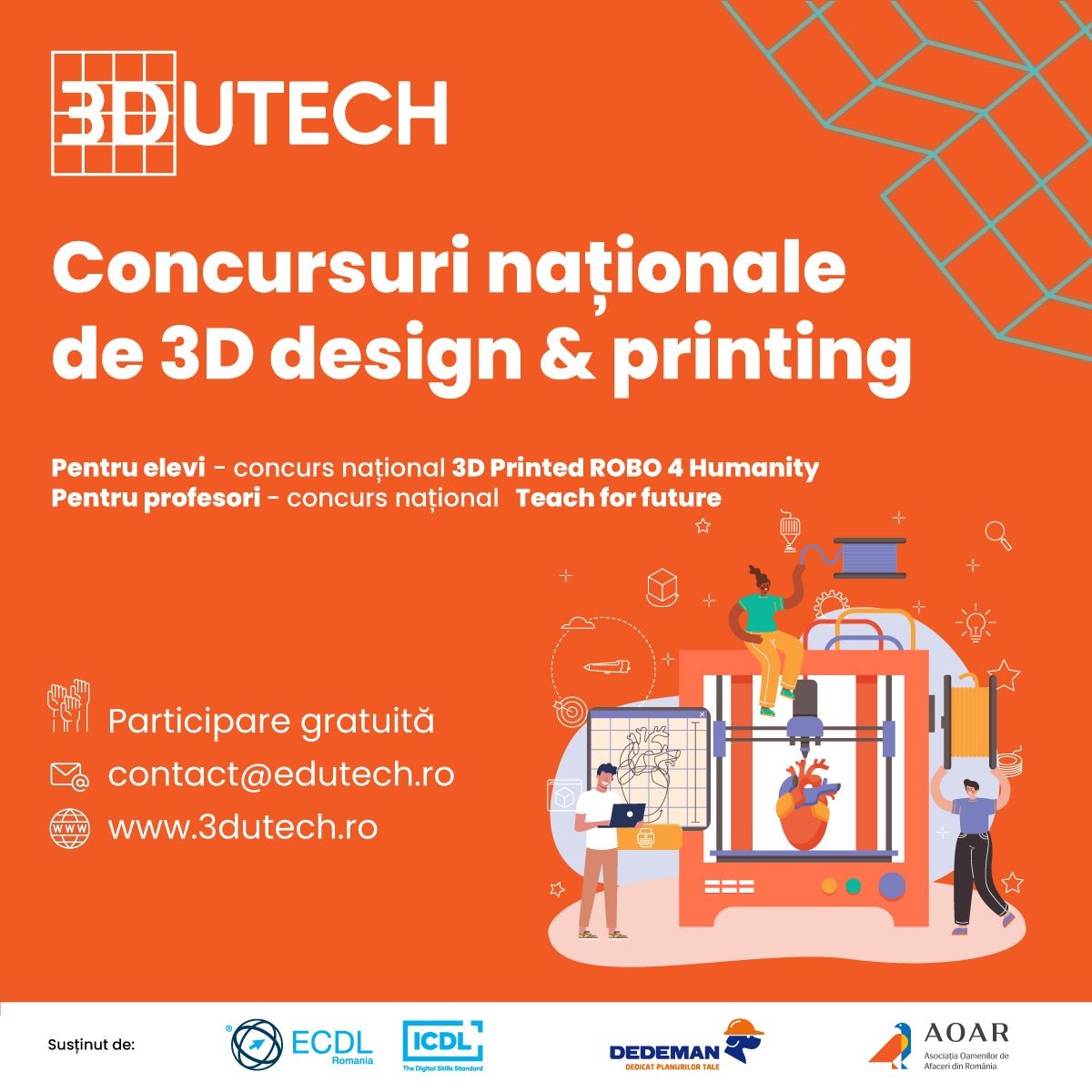 Toți elevii și profesorii pasionați de tehnologie pot participa la Concursurile Naționale 3DUTECH de 3D design & printing. Roboții, principala temă din acest an