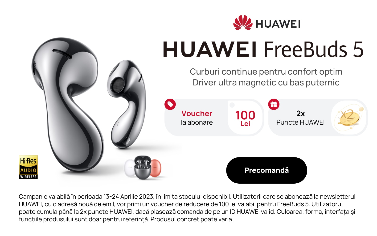 HUAWEI FreeBuds 5: căști true wireless elegante, cu potrivire perfectă în ureche și o calitate uimitoare a sunetului