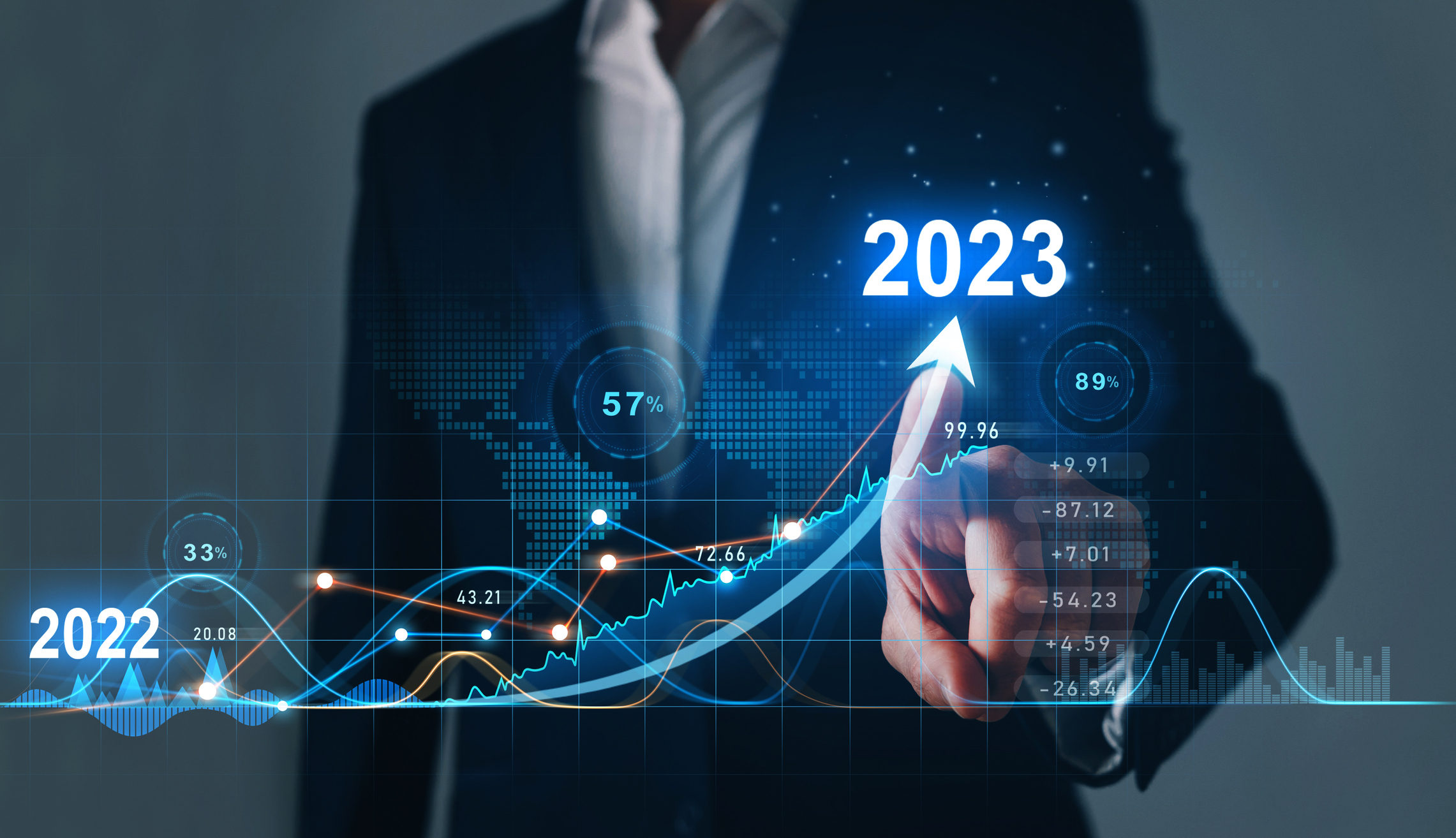 Businessman draws increase arrow graph corporate future growth year 2022 to 2023. Planning,opportunity, challenge and business strategy. New Goals, Plans and Visions for Next Year 2023.