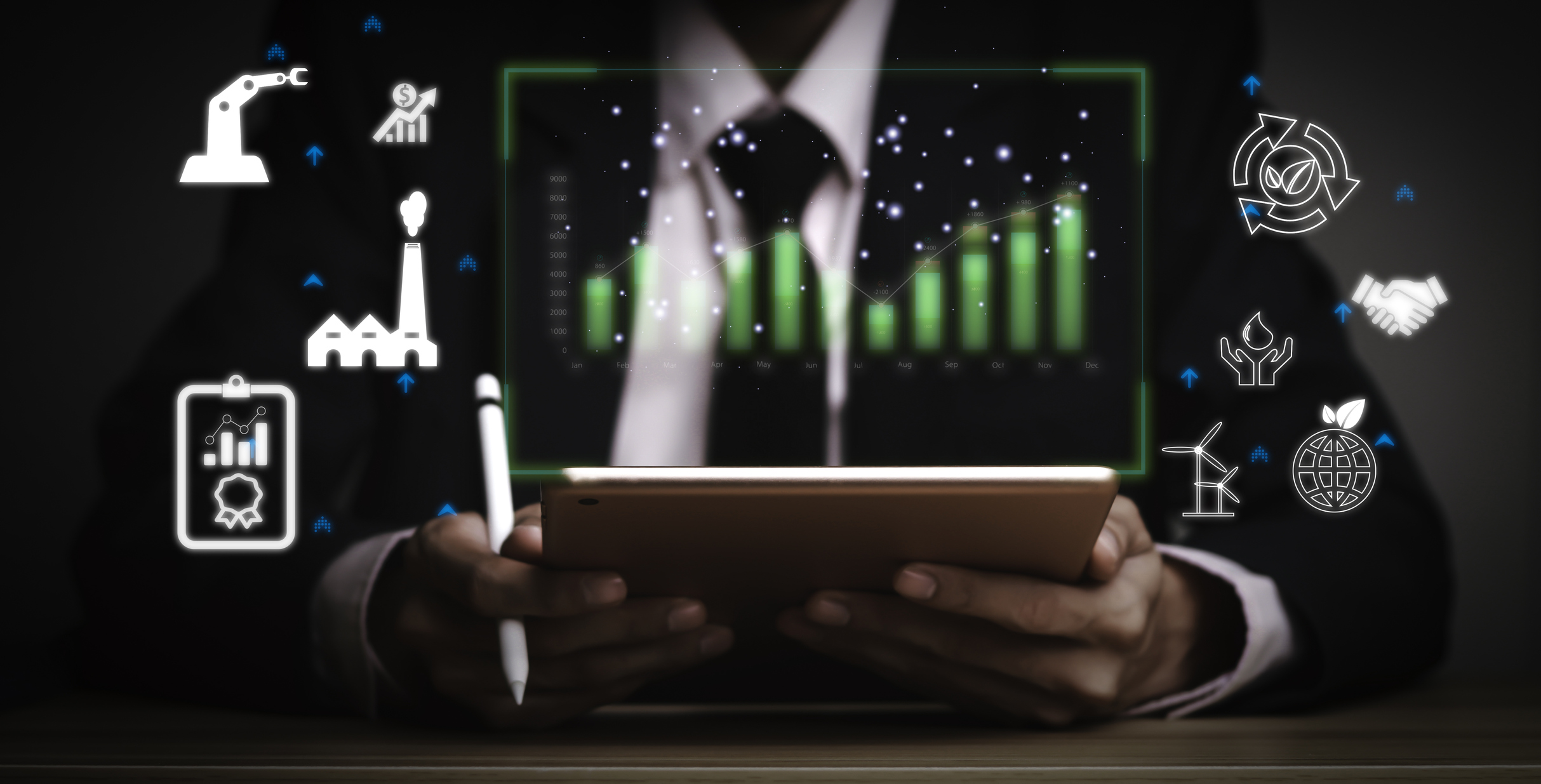 Person holding a tablet technology looking at the graph of pollution reduction or contaminants, toxic substances in industrial plants to obtain an environmental certificate.