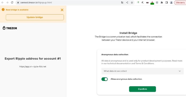 Trezor Connect: confirmarea conexiunii cu site-ul fals