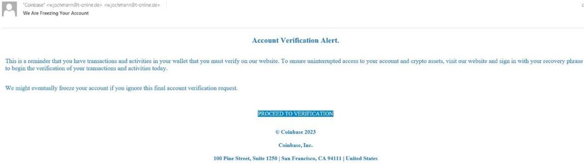 Exemplu de e-mail de phishing care vizează utilizatorii Coinbase
