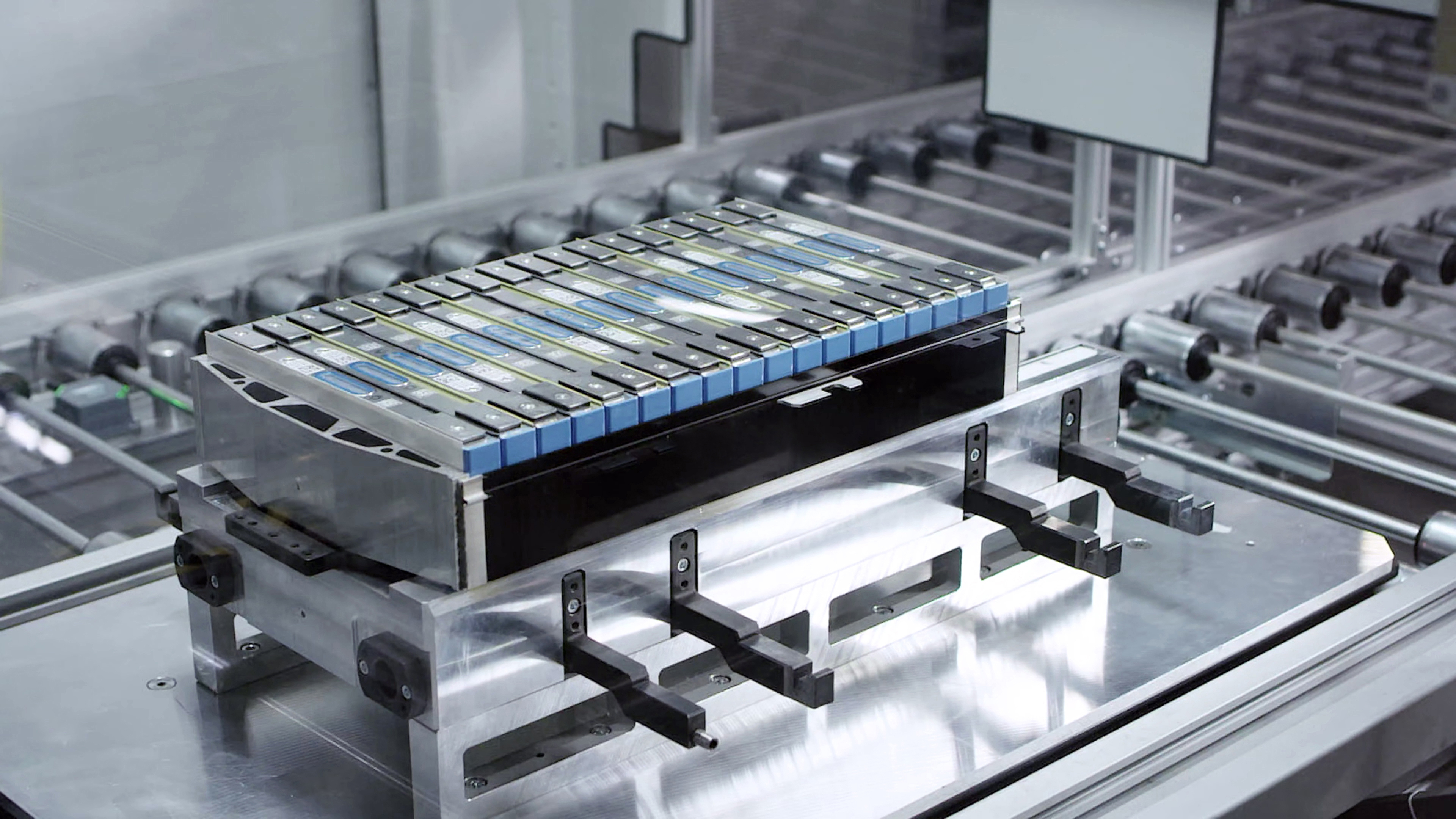 Close-up of an electric car battery module on the production line of an electric car factory.