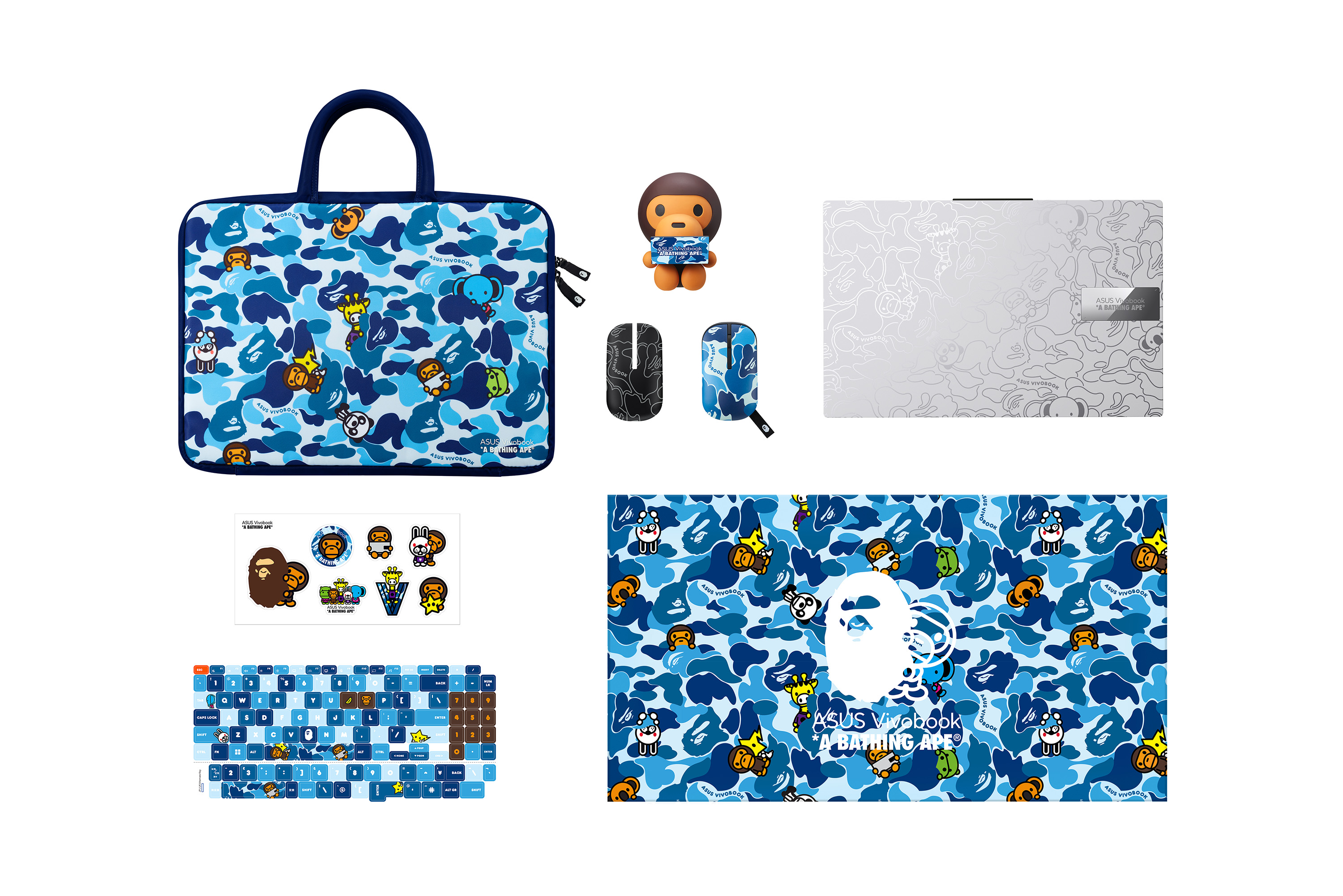 vivobook_s_15_oled_bape_edition_blue_camo_bundle_with_silver_laptop__overlooking_view_of_silver_laptops_and_blue_camo_bundle