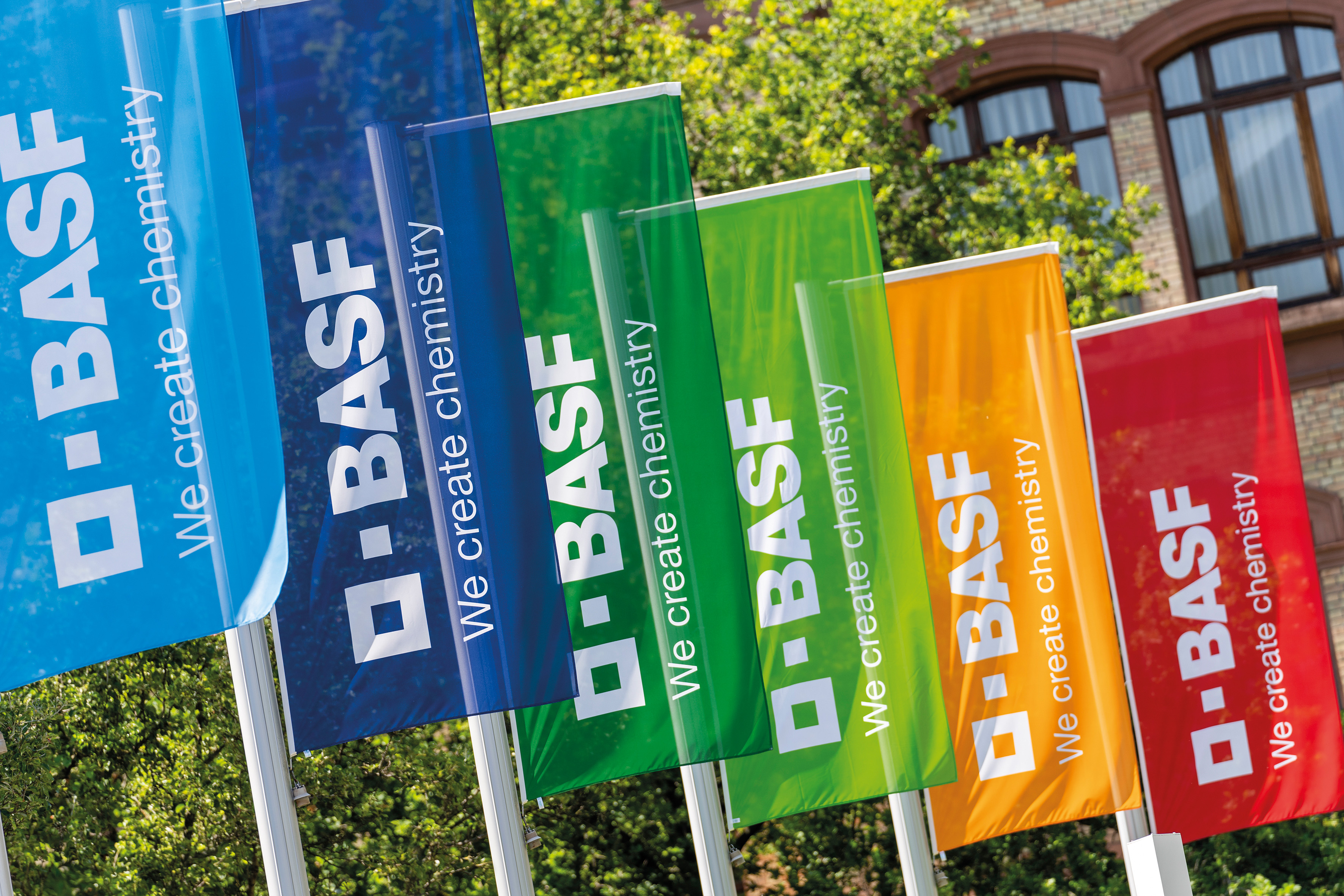 BASF-Fahnen am Standort Ludwigshafen / BASF flags at the Ludwigshafen site