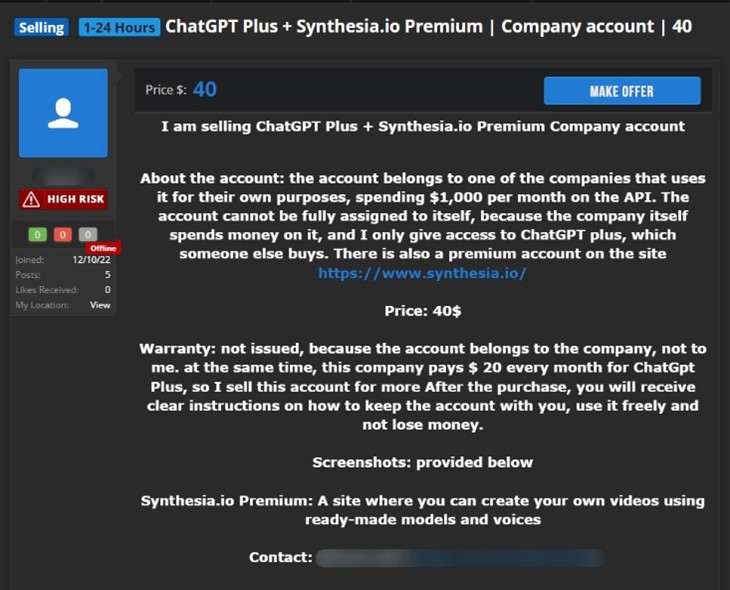 Un exemplu de postare dark web care oferă acces la ChatGPT și contul corporativ Synthesia pentru 40 USD