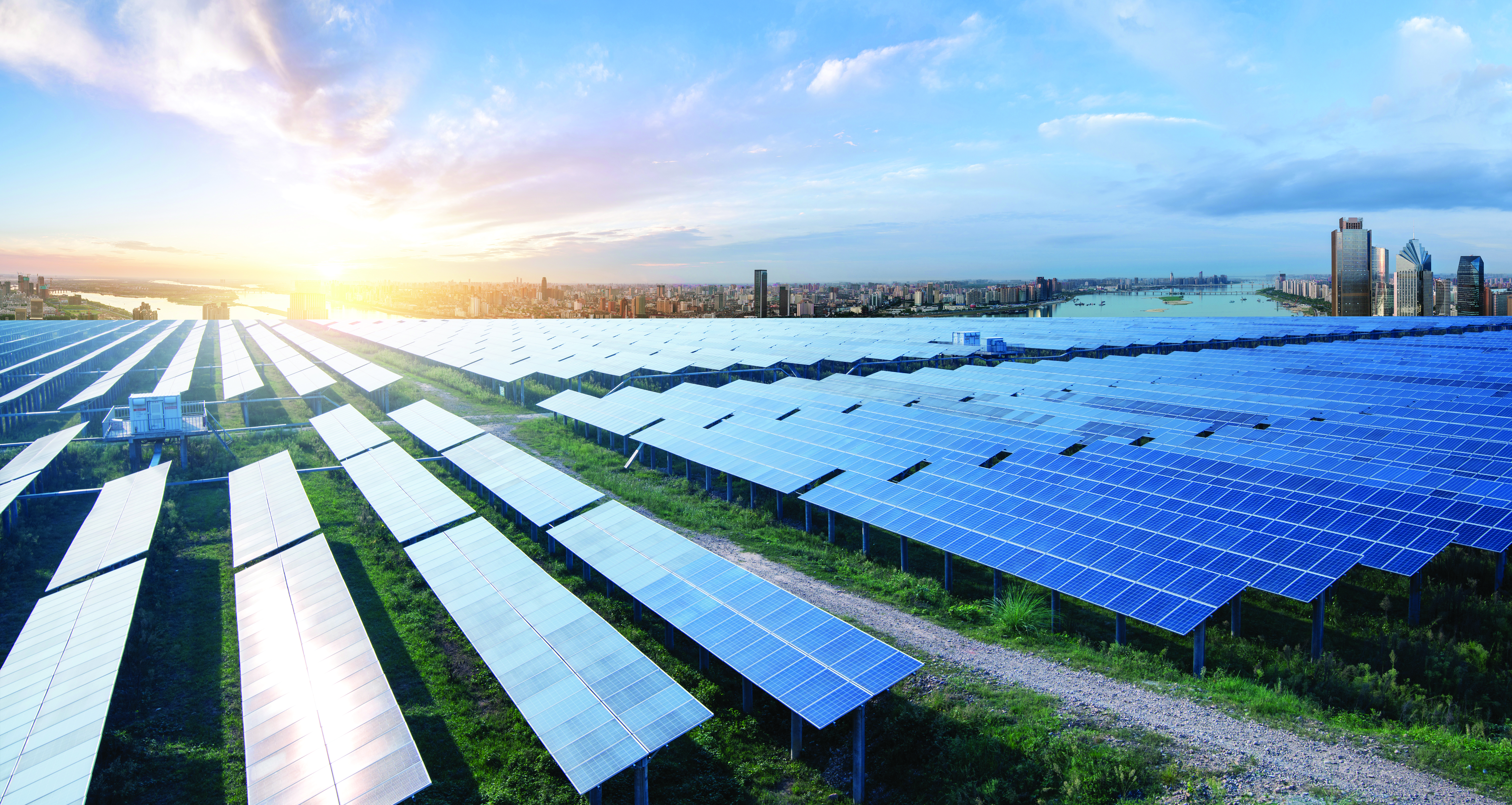 Eco-environmentally friendly green energy of sustainable development of solar power plant with Shanghai skyline