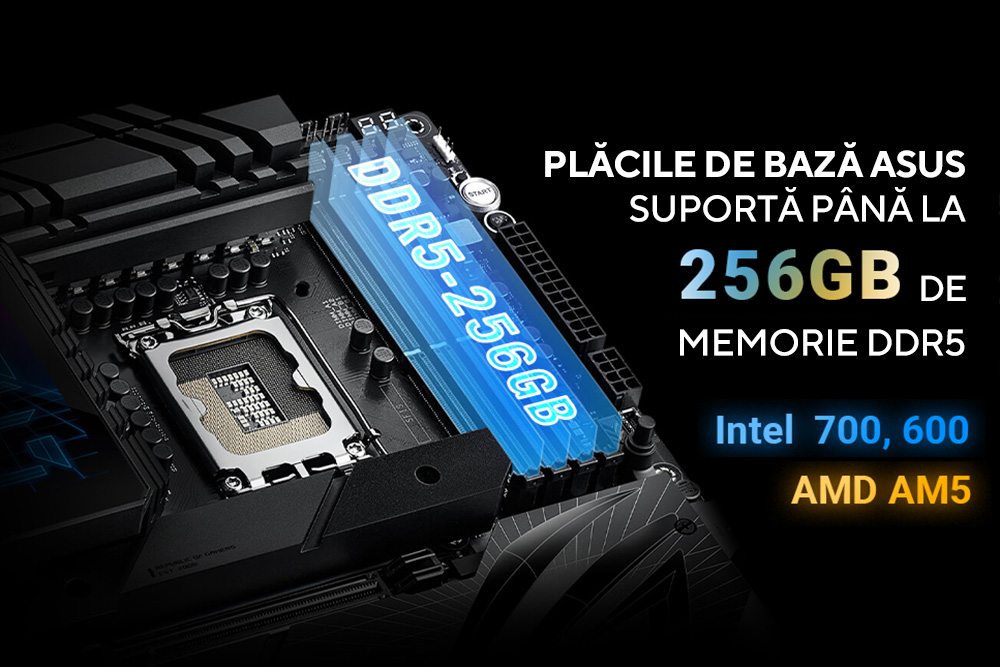Plăcile de bază ASUS din seriile Intel 700, 600 și AMD AM5 sunt pregătite să suporte până la 256 GB de memorie DDR5
