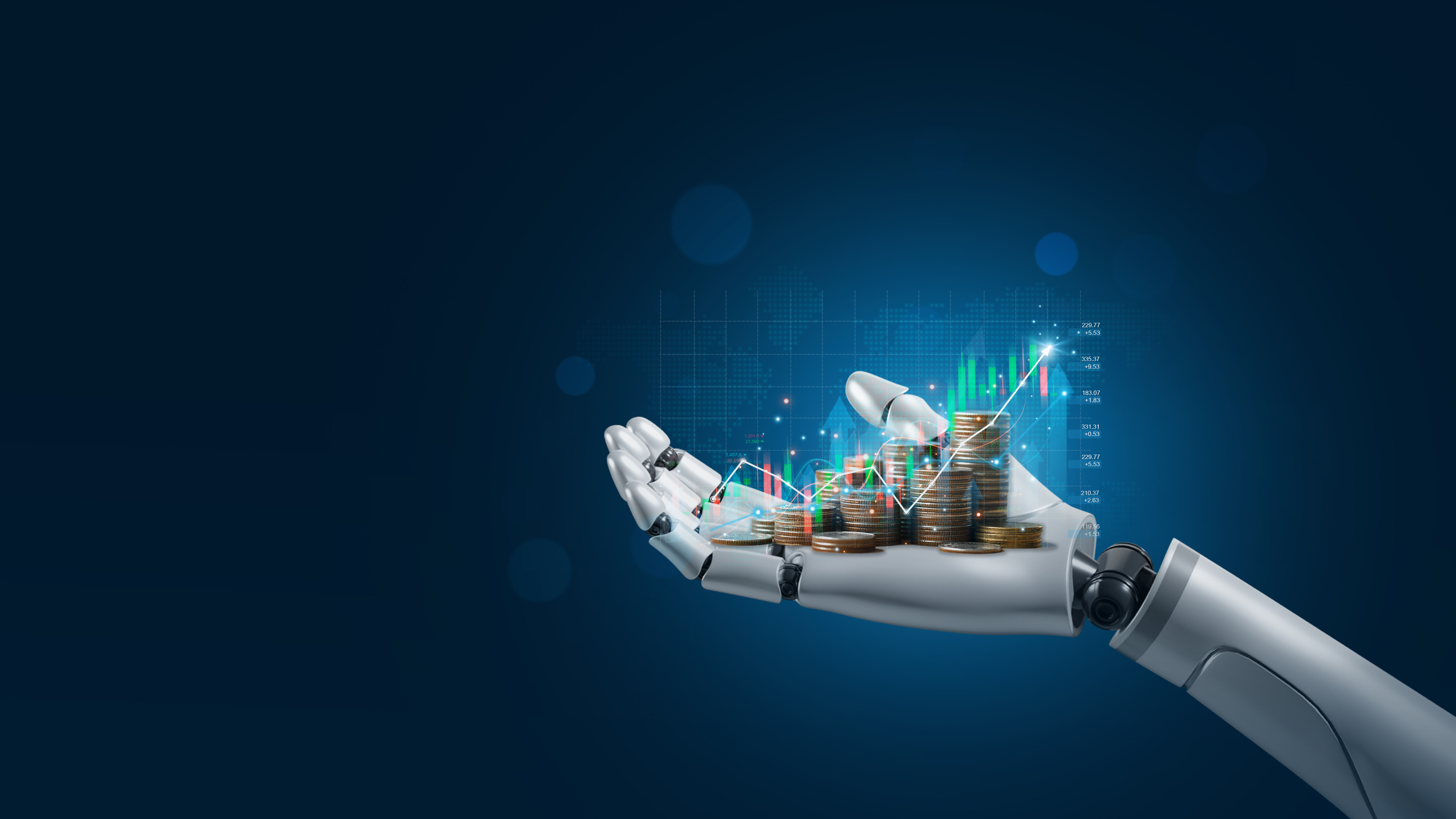 AI(Artificial Intelligence) and Financial Technology concept.Robot Hand holding stacking pile of coins and analyzing the stock market.