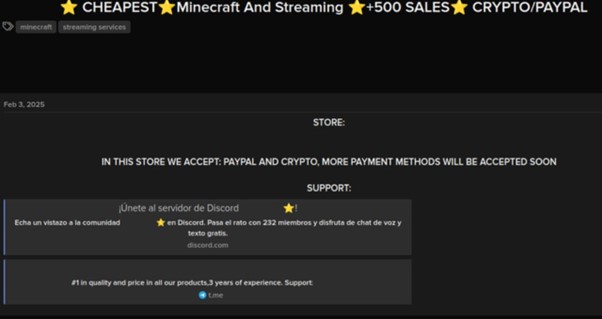 O postare de pe un forum închis care promovează un magazin digital ce vinde acces la conturi Minecraft și servicii de streaming, lăudându-se cu peste 500 de vânzări