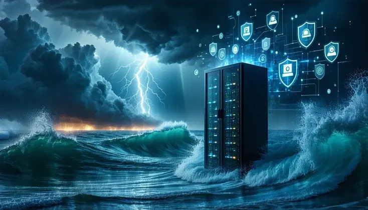 The image depicts a chaotic digital landscape illustrating the concept of DDoS attacks in 2025 The foreground features a massive tidal wave of binary code crashing against a fortified server tower sym