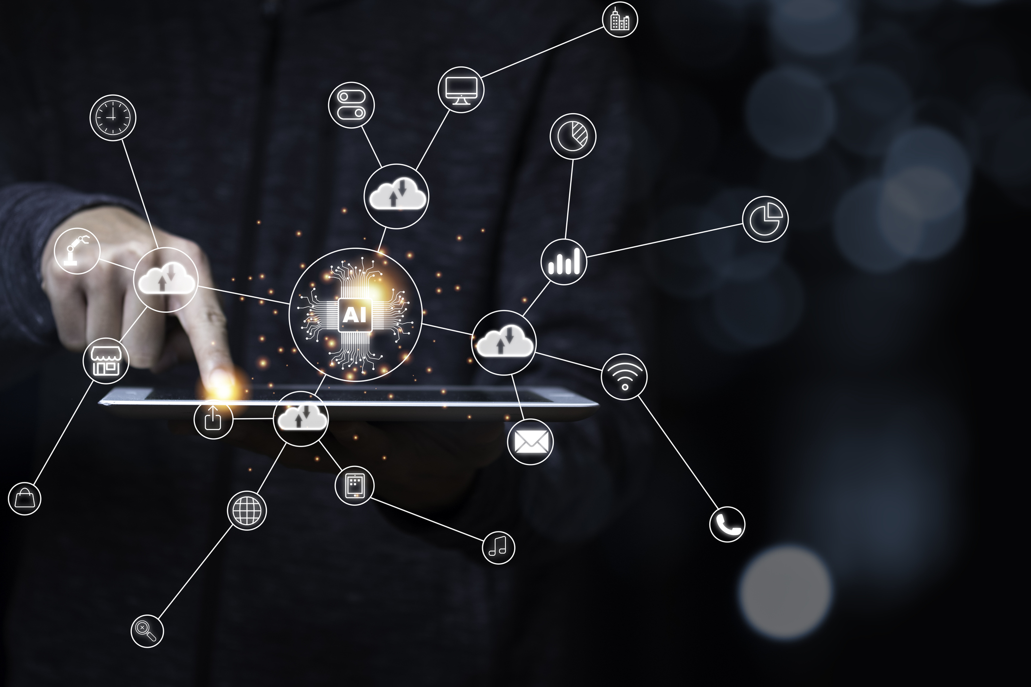 Hand touching to tablet and virtual artificial intelligence with cloud technology transformation . Cloud technology management big data include business strategy , customer service.