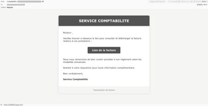 Franța: exemplu de e-mail de phishing care vizează utilizatorii din mediul corporate – aparent trimis de un departament de contabilitate – și care îi îndeamnă pe destinatari să vizualizeze și să descarce o factură aferentă unor servicii. După accesarea butonului din mesaj, victima este redirecționată către un site de phishing, unde riscă să își compromită credențialele contului de e-mail profesional.