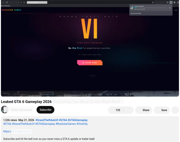 Exemplu de tutorial video care îi îndeamnă pe utilizatori să descarce un fișier denumit „GTA VI beta”