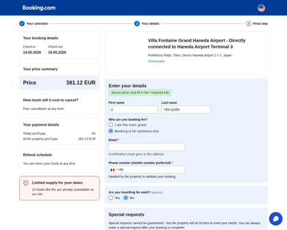 Exemplu de pagină de phishing care imită Booking.com